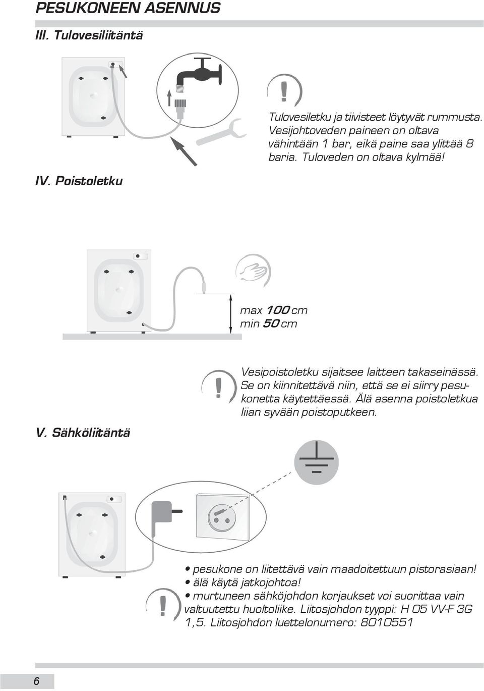 Sähköliitäntä Vesipoistoletku sijaitsee laitteen takaseinässä. Se on kiinnitettävä niin, että se ei siirry pesukonetta käytettäessä.