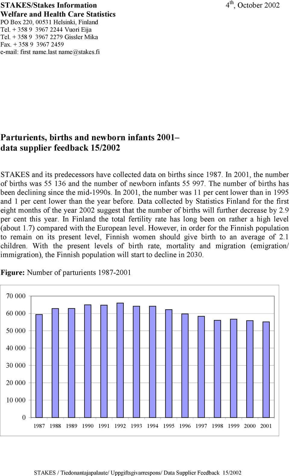 fi Parturients, births and newborn infants 2001 data supplier feedback 15/2002 STAKES and its predecessors have collected data on births since 1987.