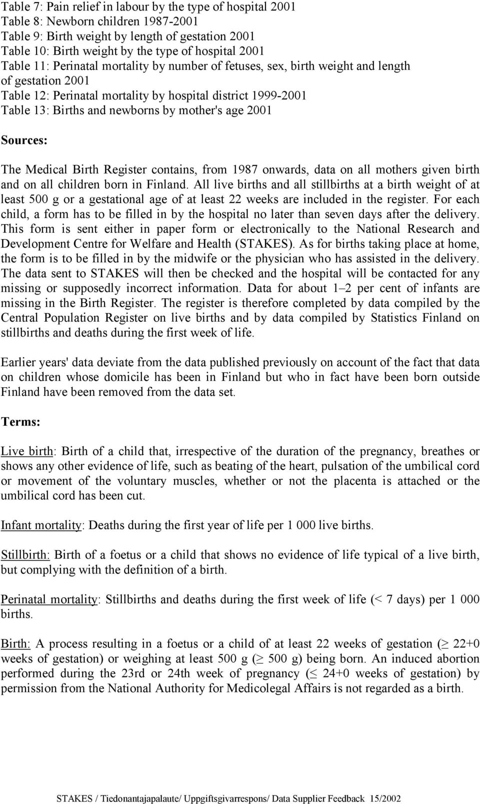 mother's age 2001 Sources: The Medical Birth Register contains, from 1987 onwards, data on all mothers given birth and on all children born in Finland.