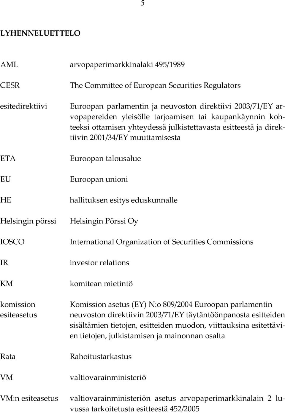 hallituksen esitys eduskunnalle Helsingin pörssi Helsingin Pörssi Oy IOSCO IR KM komission esiteasetus Rata VM International Organization of Securities Commissions investor relations komitean
