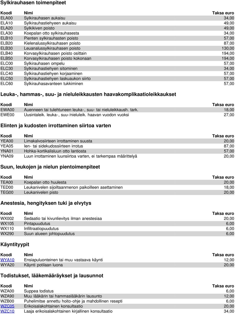 Korvasylkirauhasen poisto kokonaan 194,00 ELC00 Sylkirauhasen ompelu 57,00 ELC30 Sylkirauhastiehyen sitominen 34,00 ELC40 Sylkirauhastiehyen korjaaminen 57,00 ELC50 Sylkirauhastiehyen laskuaukon