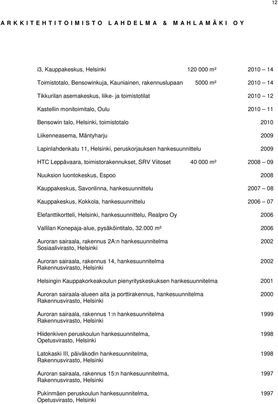 toimistorakennukset, SRV Viitoset 40 000 m² 2008 09 Nuuksion luontokeskus, Espoo 2008 Kauppakeskus, Savonlinna, hankesuunnittelu 2007 08 Kauppakeskus, Kokkola, hankesuunnittelu 2006 07