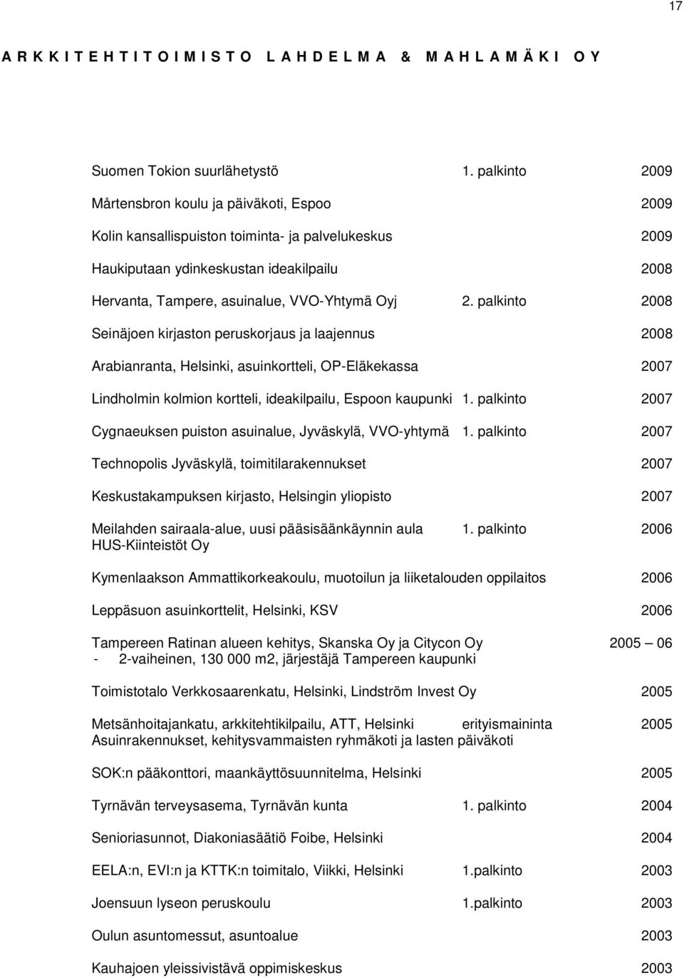 Oyj 2. palkinto 2008 Seinäjoen kirjaston peruskorjaus ja laajennus 2008 Arabianranta, Helsinki, asuinkortteli, OP-Eläkekassa 2007 Lindholmin kolmion kortteli, ideakilpailu, Espoon kaupunki 1.