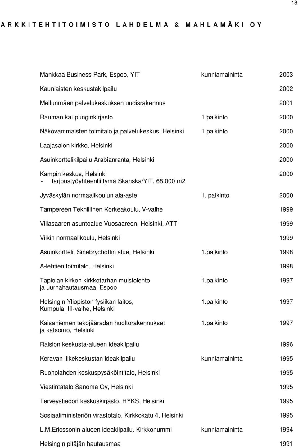 palkinto 2000 Laajasalon kirkko, Helsinki 2000 Asuinkorttelikilpailu Arabianranta, Helsinki 2000 Kampin keskus, Helsinki 2000 - tarjoustyöyhteenliittymä Skanska/YIT, 68.