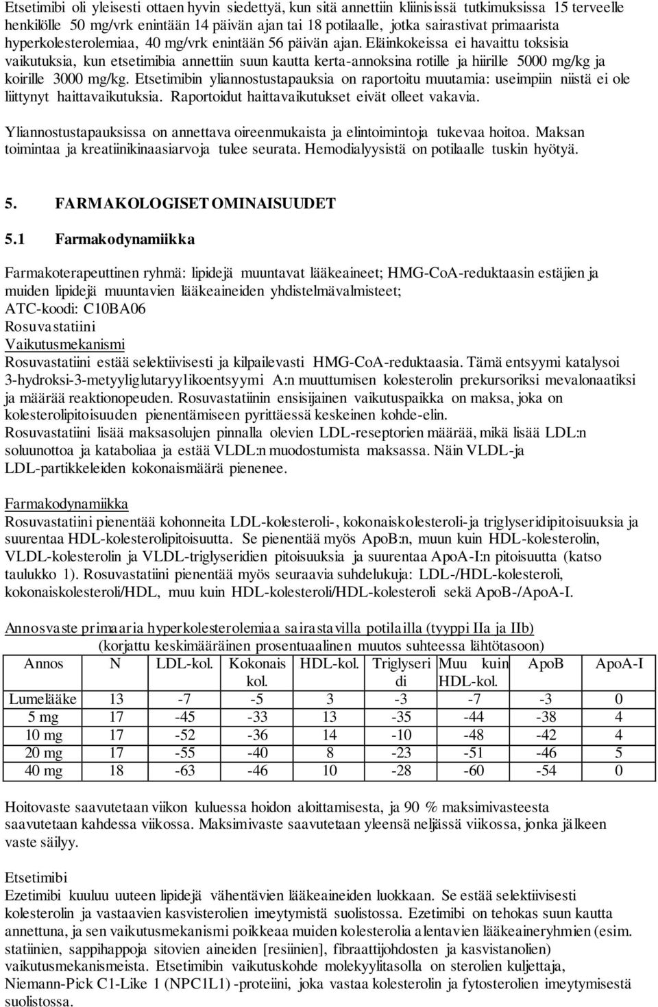 Eläinkokeissa ei havaittu toksisia vaikutuksia, kun etsetimibia annettiin suun kautta kerta-annoksina rotille ja hiirille 5000 mg/kg ja koirille 3000 mg/kg.