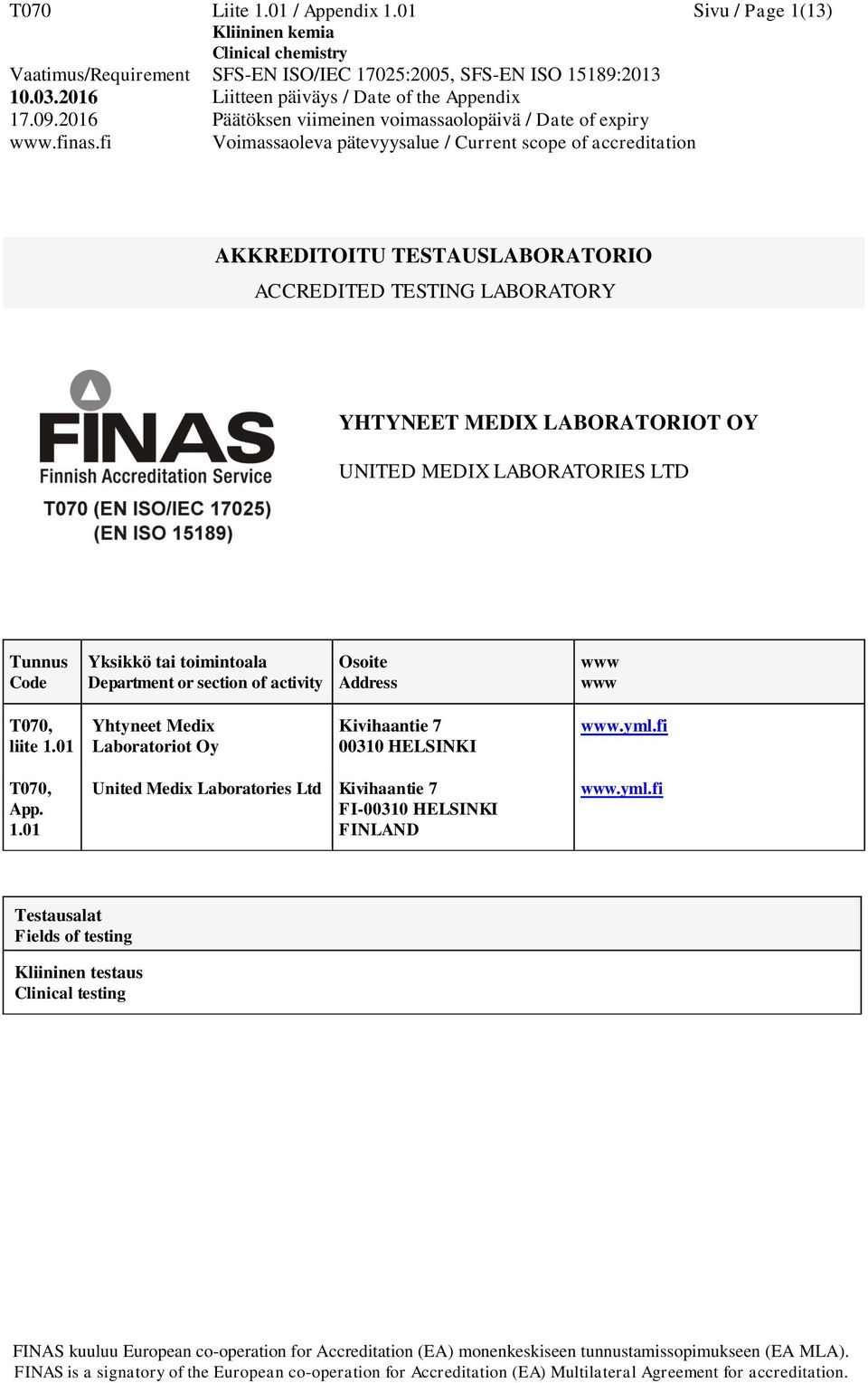 LABORATORIES LTD Tunnus Code Yksikkö tai toimintoala Department or section of activity Osoite Address www www T070, liite 1.