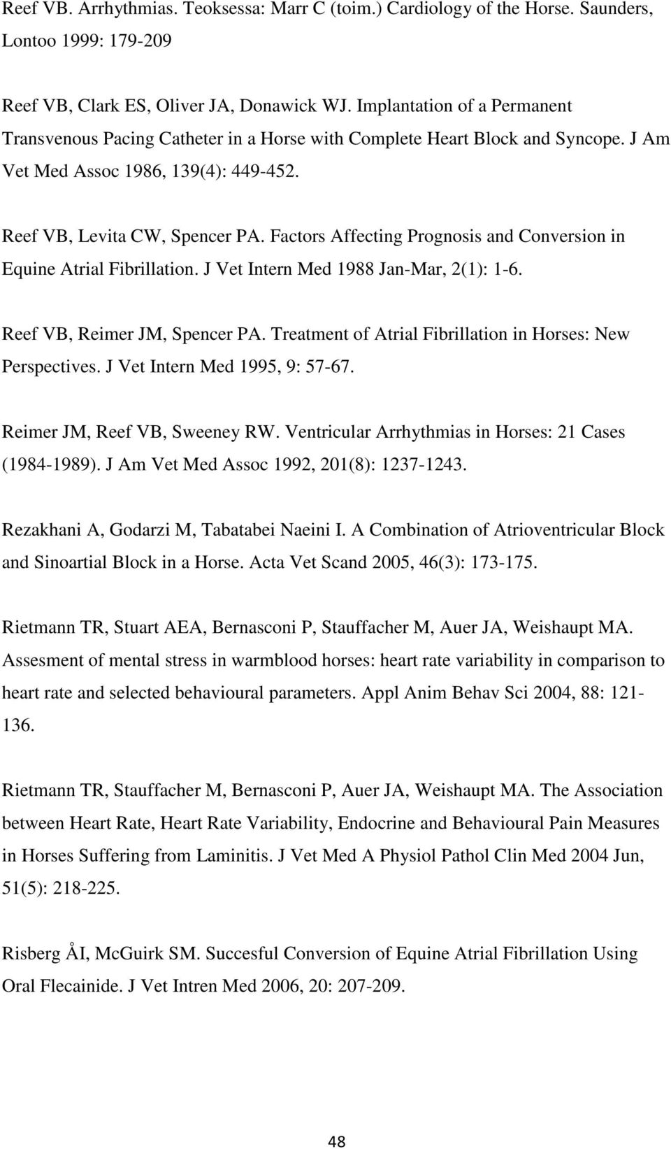 Factors Affecting Prognosis and Conversion in Equine Atrial Fibrillation. J Vet Intern Med 1988 Jan-Mar, 2(1): 1-6. Reef VB, Reimer JM, Spencer PA.