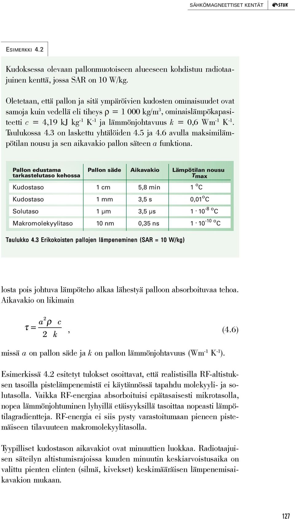 K -1. Taulukossa 4.3 on laskettu yhtälöiden 4.5 ja 4.6 avulla maksimilämpötilan nousu ja sen aikavakio pallon säteen a funktiona.