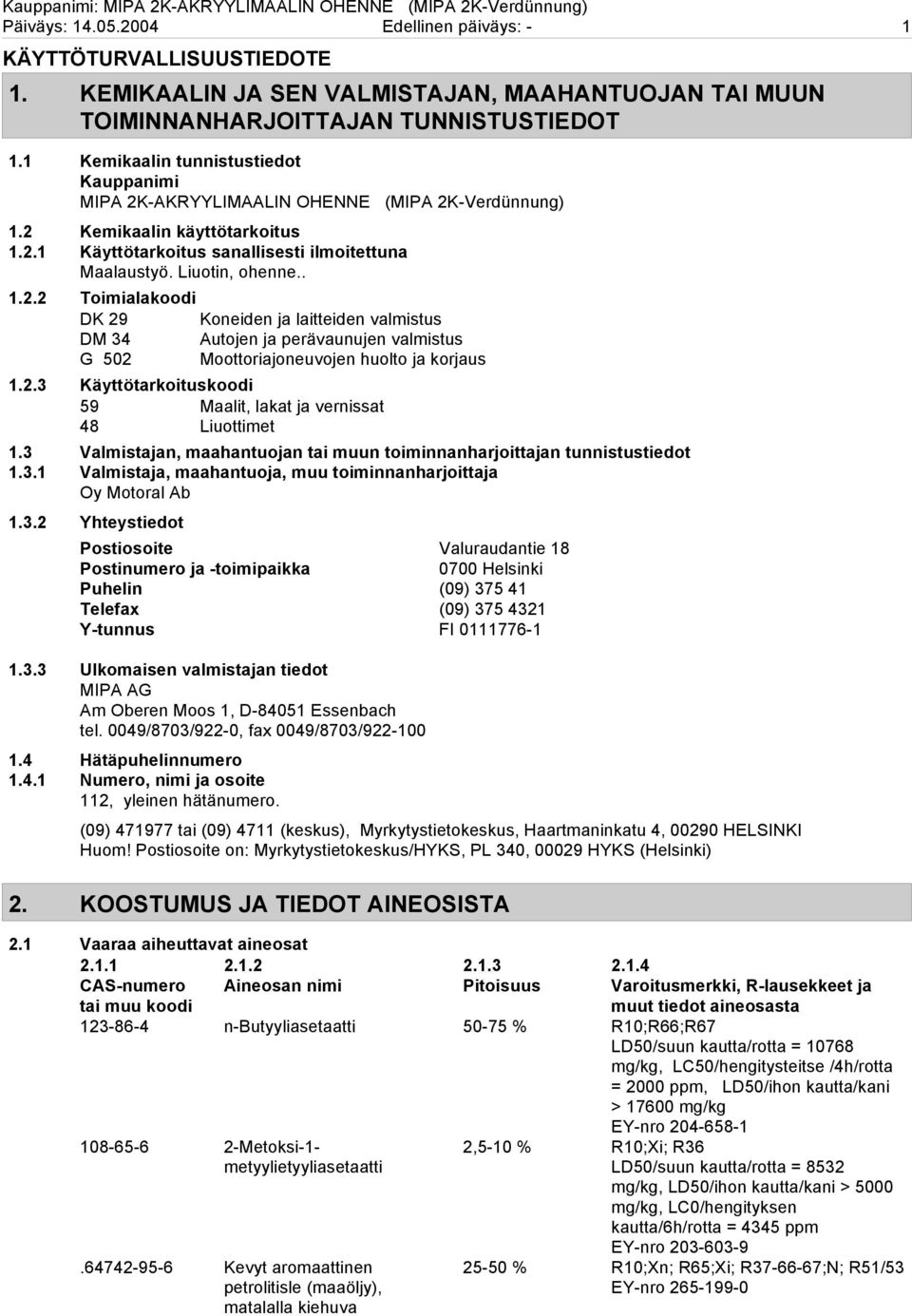 2.3 Käyttötarkoituskoodi 59 Maalit, lakat ja vernissat 48 Liuottimet 1.3 Valmistajan, maahantuojan tai muun toiminnanharjoittajan tunnistustiedot 1.3.1 Valmistaja, maahantuoja, muu toiminnanharjoittaja Oy Motoral Ab 1.