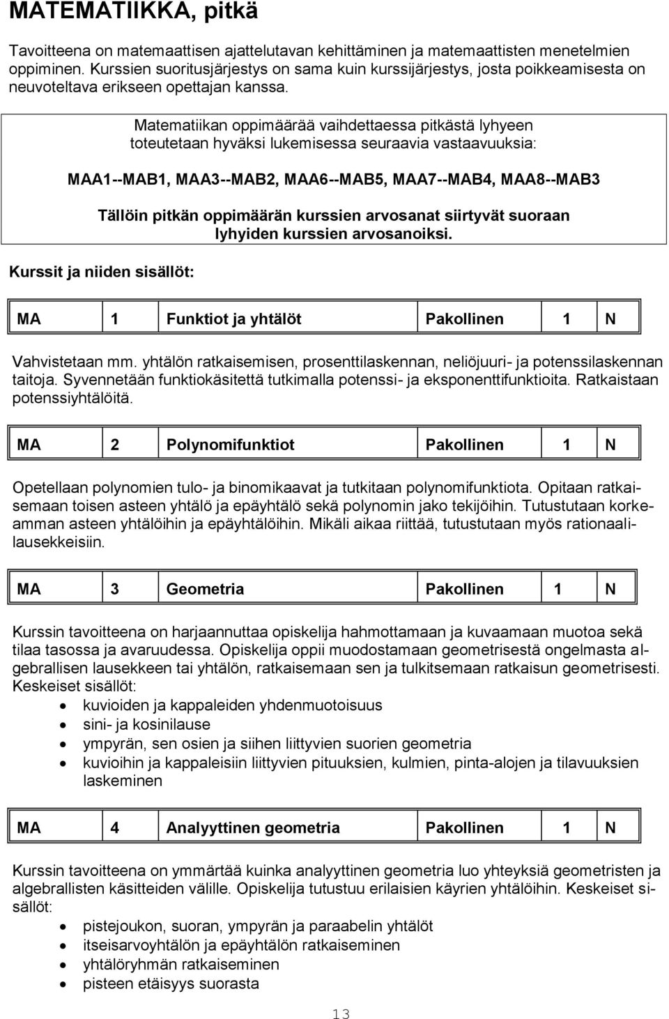 Matematiikan oppimäärää vaihdettaessa pitkästä lyhyeen toteutetaan hyväksi lukemisessa seuraavia vastaavuuksia: MAA1--MAB1, MAA3--MAB2, MAA6--MAB5, MAA7--MAB4, MAA8--MAB3 Tällöin pitkän oppimäärän