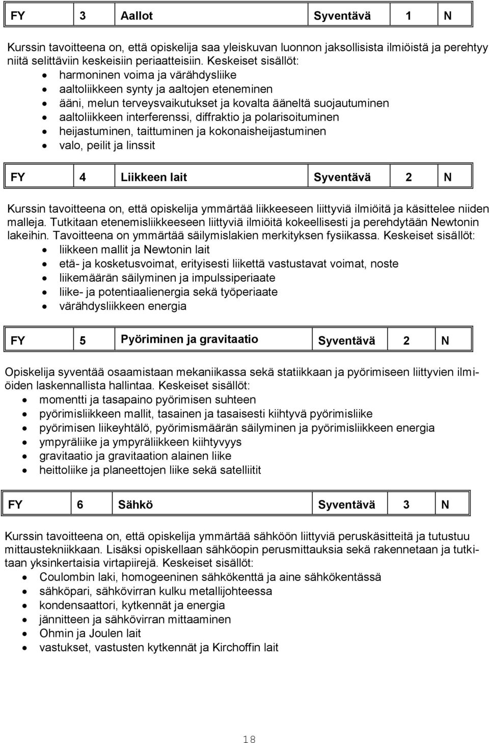 diffraktio ja polarisoituminen heijastuminen, taittuminen ja kokonaisheijastuminen valo, peilit ja linssit FY 4 Liikkeen lait Syventävä 2 N Kurssin tavoitteena on, että opiskelija ymmärtää