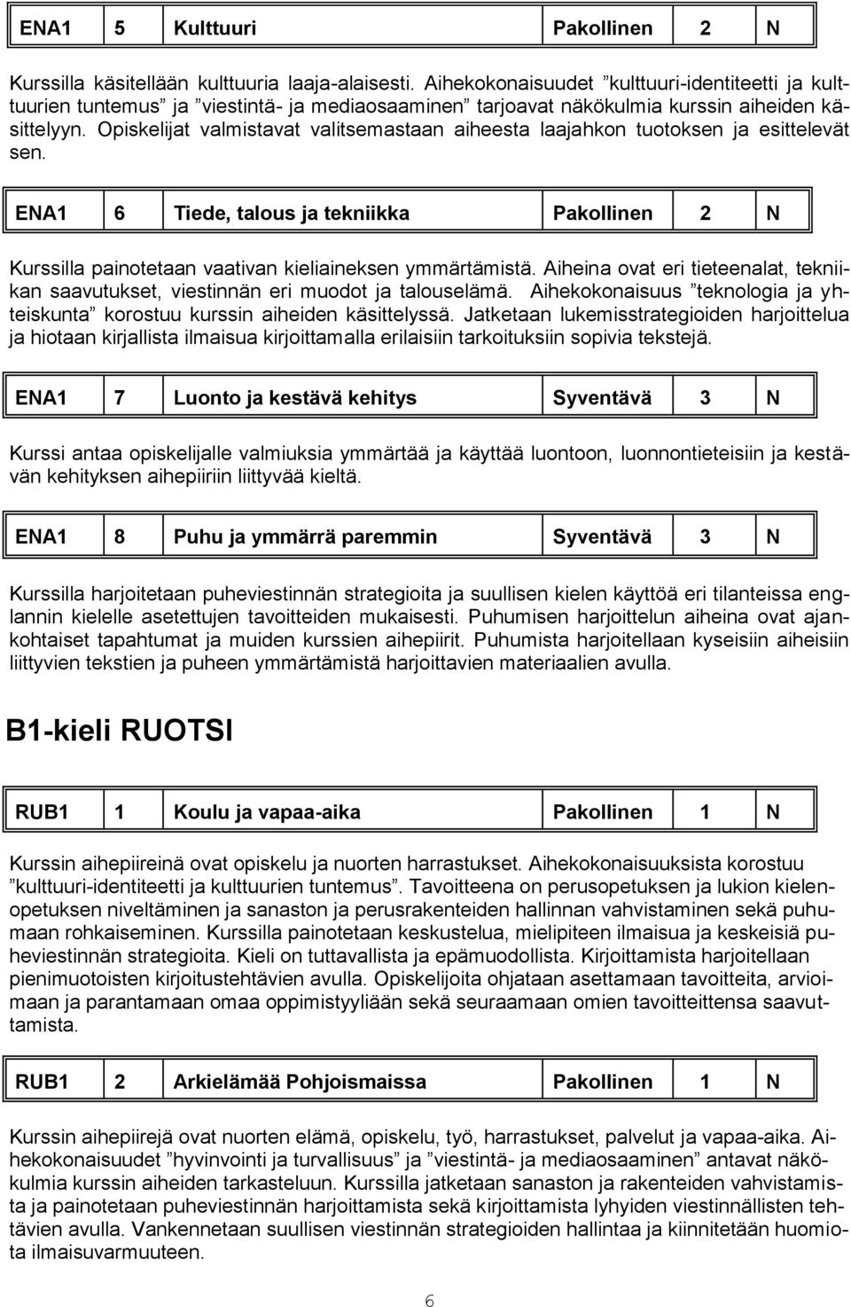 Opiskelijat valmistavat valitsemastaan aiheesta laajahkon tuotoksen ja esittelevät sen. ENA1 6 Tiede, talous ja tekniikka Pakollinen 2 N Kurssilla painotetaan vaativan kieliaineksen ymmärtämistä.