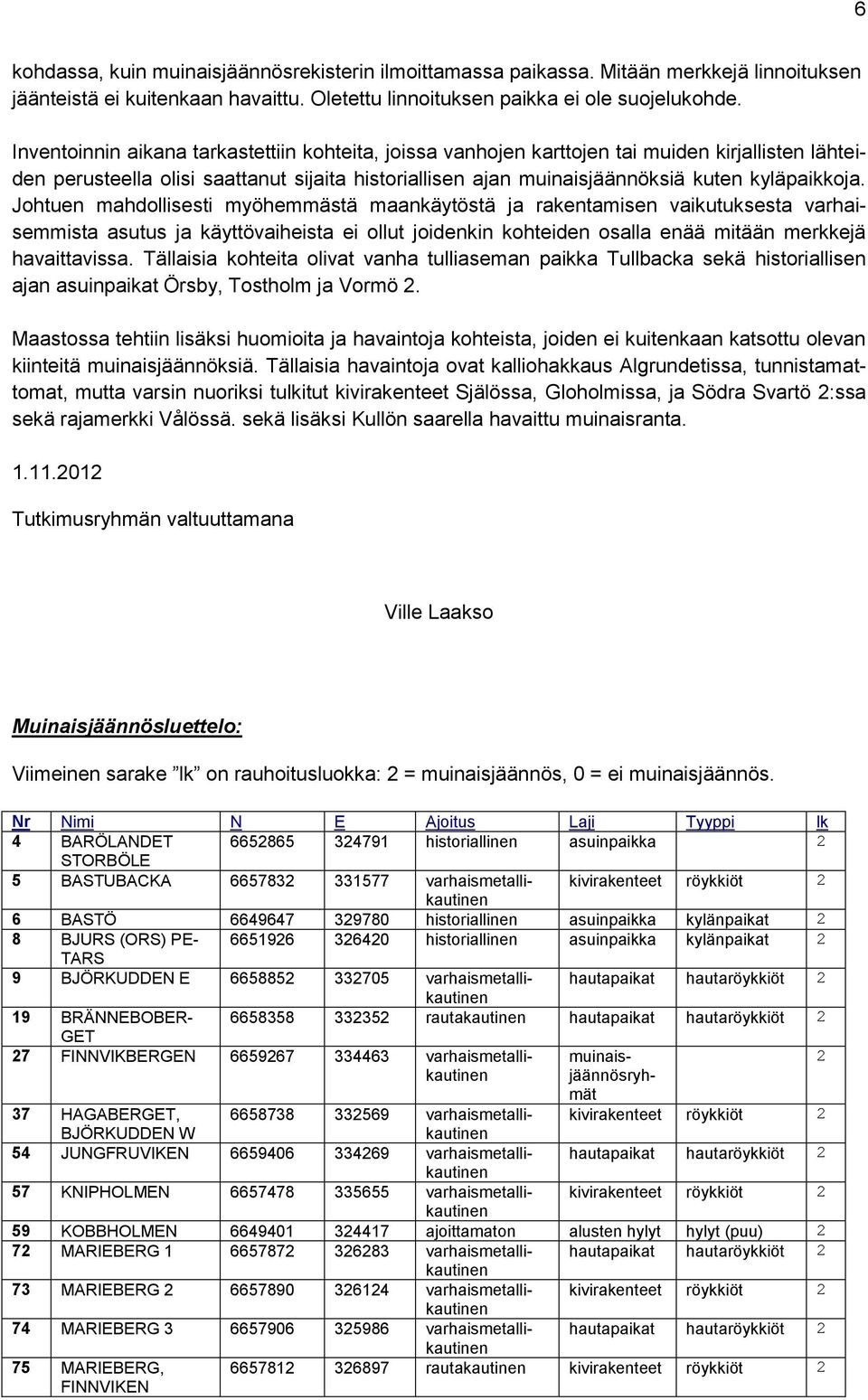 Johtuen mahdollisesti myöhemmästä maankäytöstä ja rakentamisen vaikutuksesta varhaisemmista asutus ja käyttövaiheista ei ollut joidenkin kohteiden osalla enää mitään merkkejä havaittavissa.