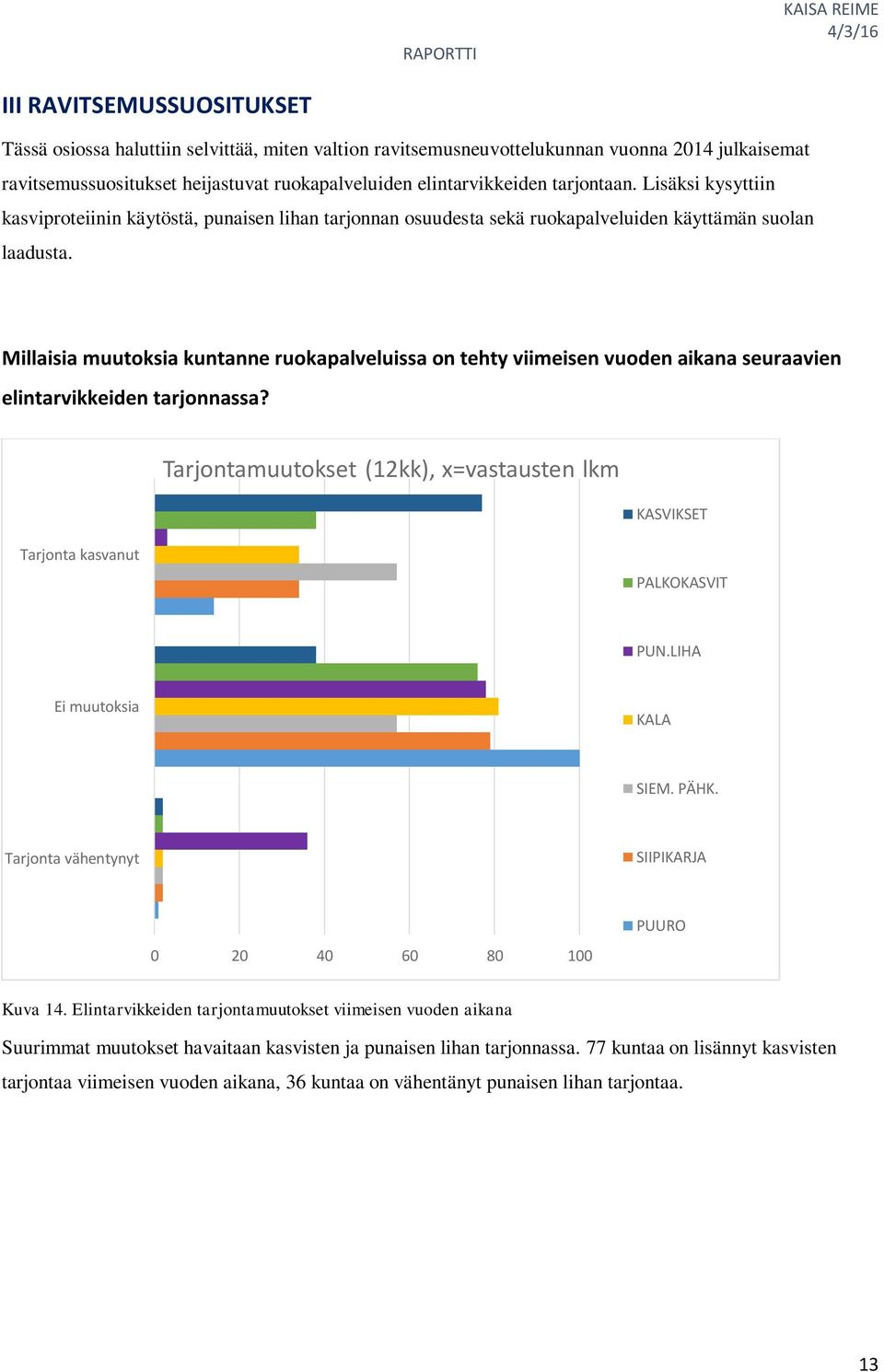 Millaisia muutoksia kuntanne ruokapalveluissa on tehty viimeisen vuoden aikana seuraavien elintarvikkeiden tarjonnassa?