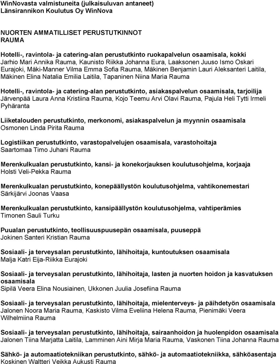 Emilia Laitila, Tapaninen Niina Maria Rauma Hotelli-, ravintola- ja catering-alan perustutkinto, asiakaspalvelun, tarjoilija Järvenpää Laura Anna Kristiina Rauma, Kojo Teemu Arvi Olavi Rauma, Pajula