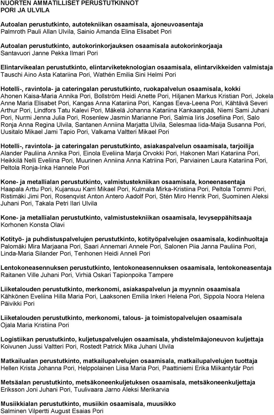 Emilia Sini Helmi Pori Hotelli-, ravintola- ja cateringalan perustutkinto, ruokapalvelun, kokki Ahonen Kaisa-Maria Annika Pori, Bollström Heidi Anette Pori, Hiljanen Markus Kristian Pori, Jokela Anne