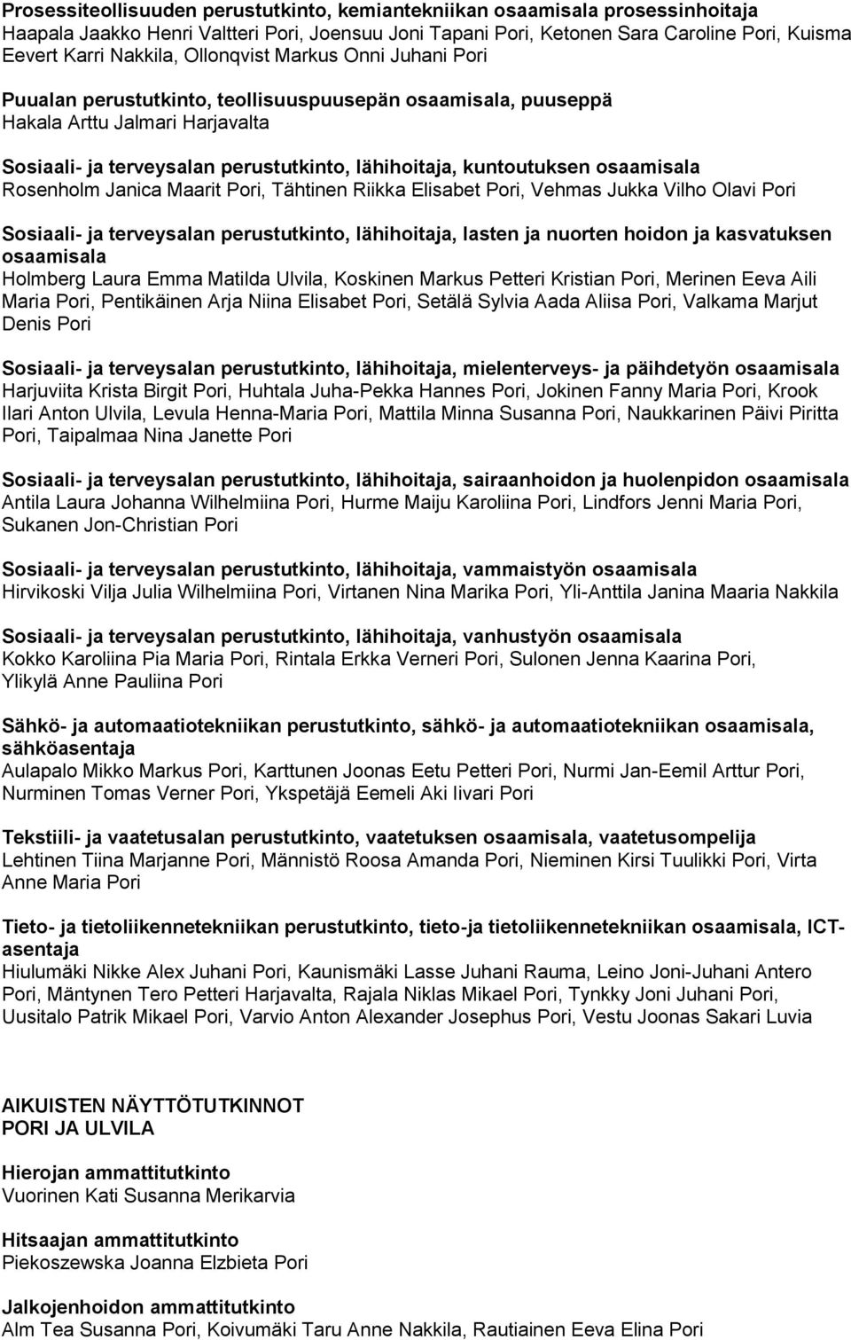 Pori, Tähtinen Riikka Elisabet Pori, Vehmas Jukka Vilho Olavi Pori Holmberg Laura Emma Matilda Ulvila, Koskinen Markus Petteri Kristian Pori, Merinen Eeva Aili Maria Pori, Pentikäinen Arja Niina
