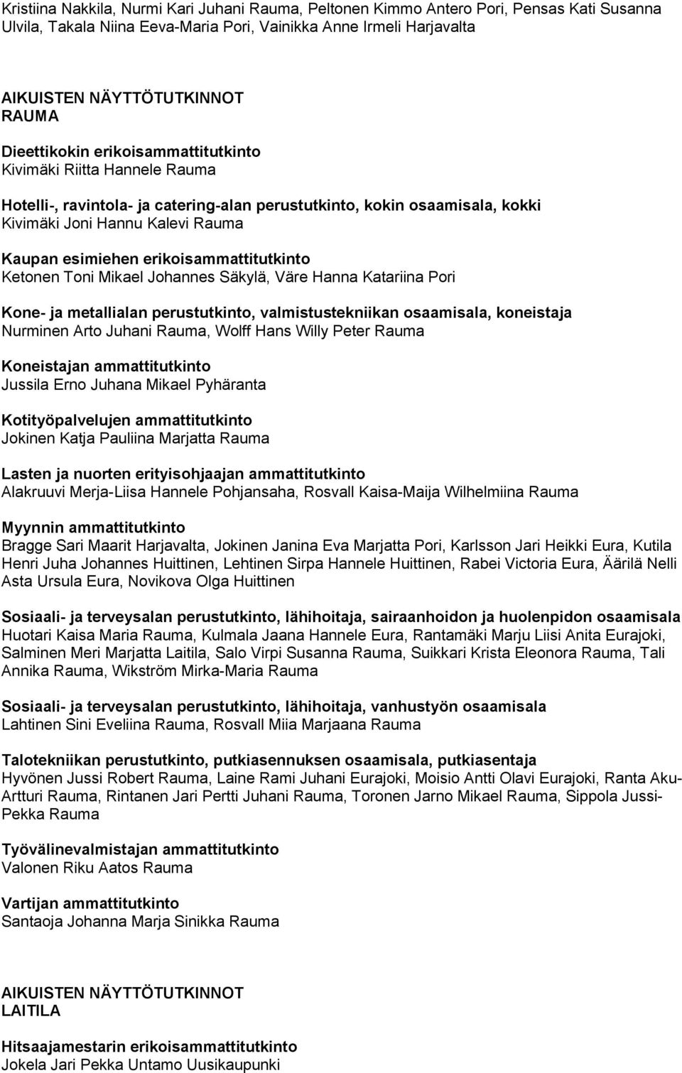 erikoisammattitutkinto Ketonen Toni Mikael Johannes Säkylä, Väre Hanna Katariina Pori Kone- ja metallialan perustutkinto, valmistustekniikan, koneistaja Nurminen Arto Juhani Rauma, Wolff Hans Willy