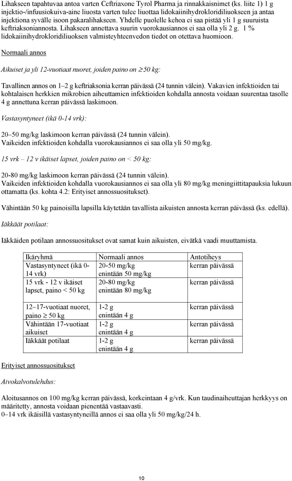 Yhdelle puolelle kehoa ei saa pistää yli 1 g suuruista keftriaksoniannosta. Lihakseen annettava suurin vuorokausiannos ei saa olla yli 2 g.