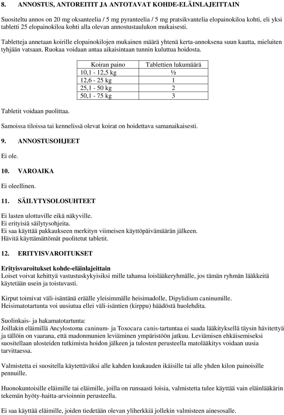 Ruokaa voidaan antaa aikaisintaan tunnin kuluttua hoidosta. Tabletit voidaan puolittaa.