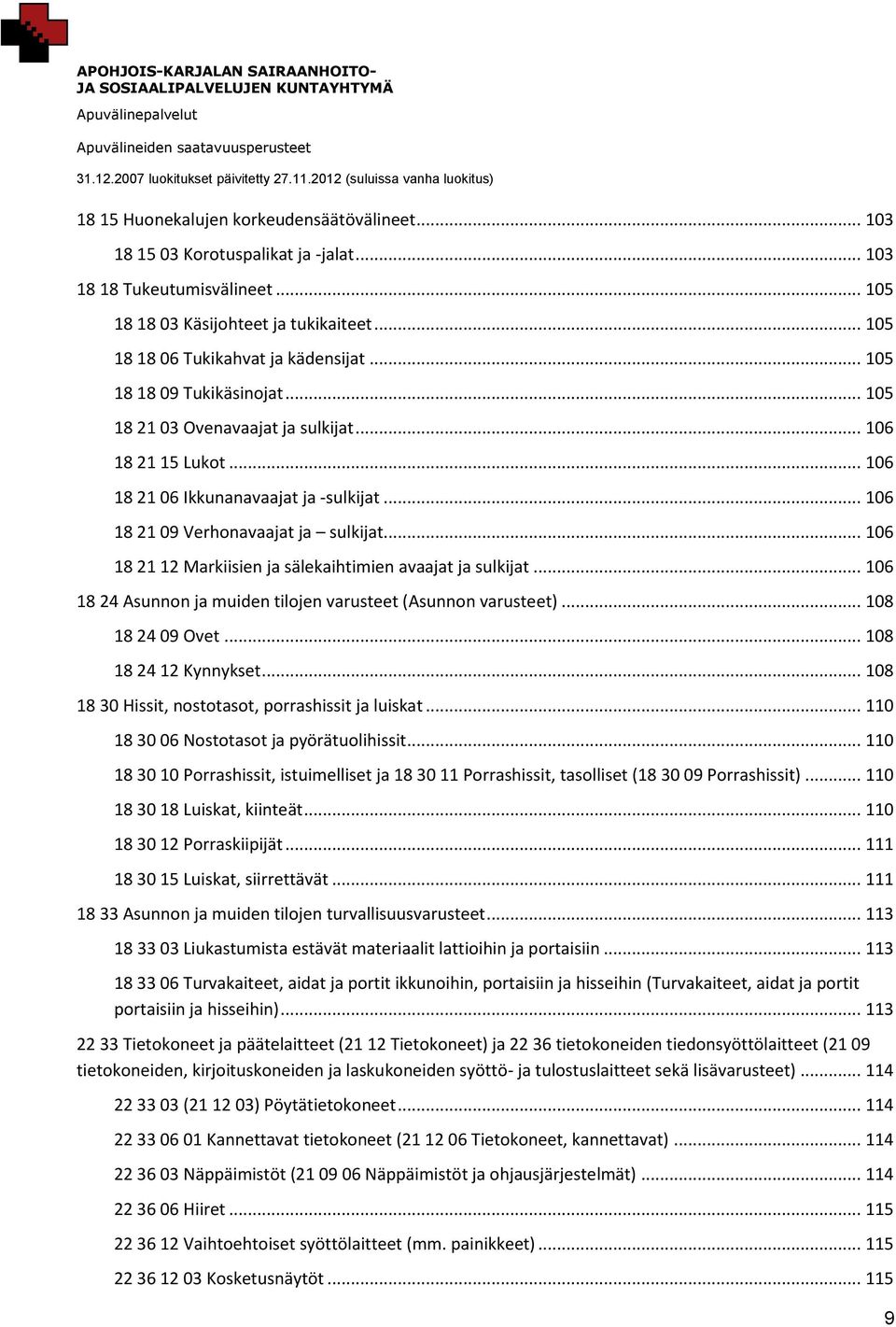 .. 106 18 21 12 Markiisien ja sälekaihtimien avaajat ja sulkijat... 106 18 24 Asunnon ja muiden tilojen varusteet (Asunnon varusteet)... 108 18 24 09 Ovet... 108 18 24 12 Kynnykset.