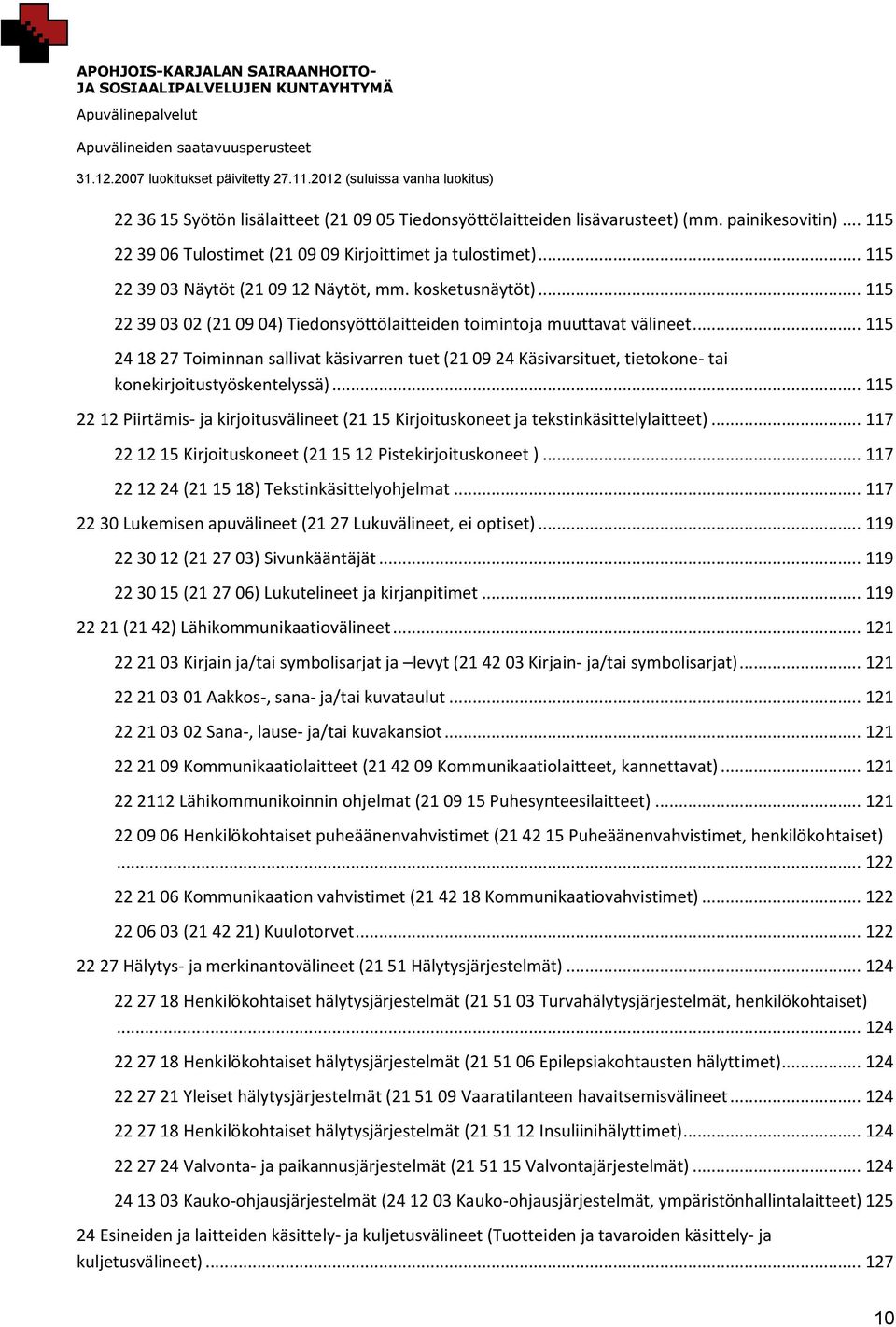 .. 115 24 18 27 Toiminnan sallivat käsivarren tuet (21 09 24 Käsivarsituet, tietokone- tai konekirjoitustyöskentelyssä).