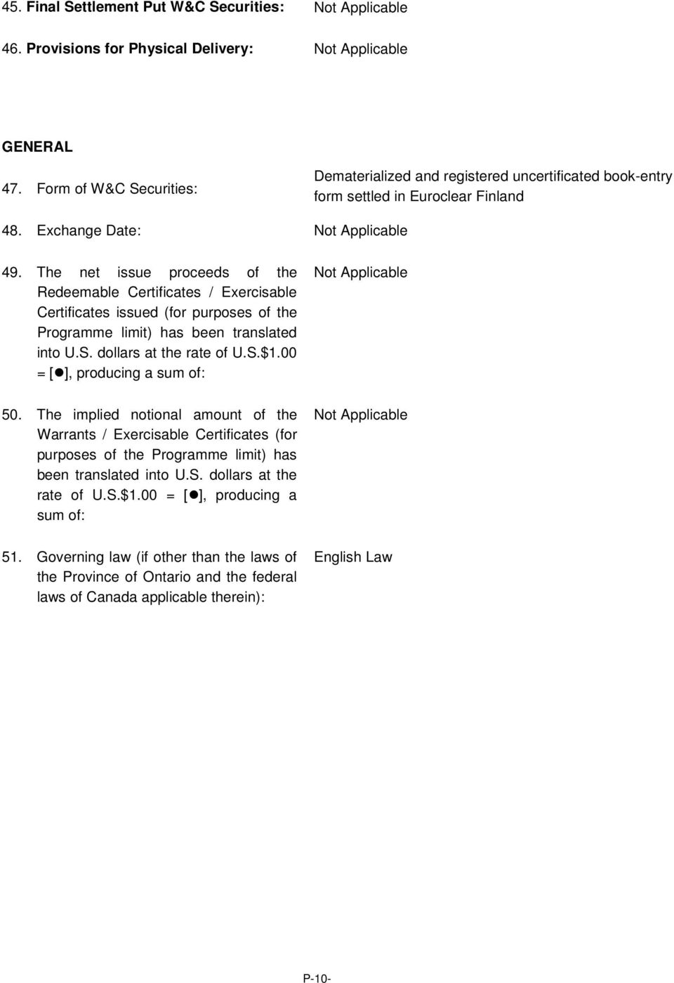 The net issue proceeds of the Redeemable Certificates / Exercisable Certificates issued (for purposes of the Programme limit) has been translated into U.S. dollars at the rate of U.S.$1.