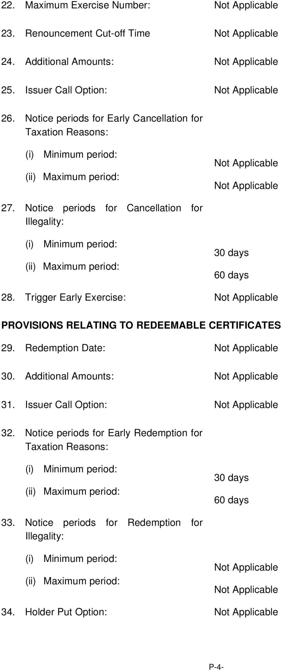 Notice periods for Cancellation for Illegality: (i) Minimum period: (ii) Maximum period: 30 days 60 days 28.