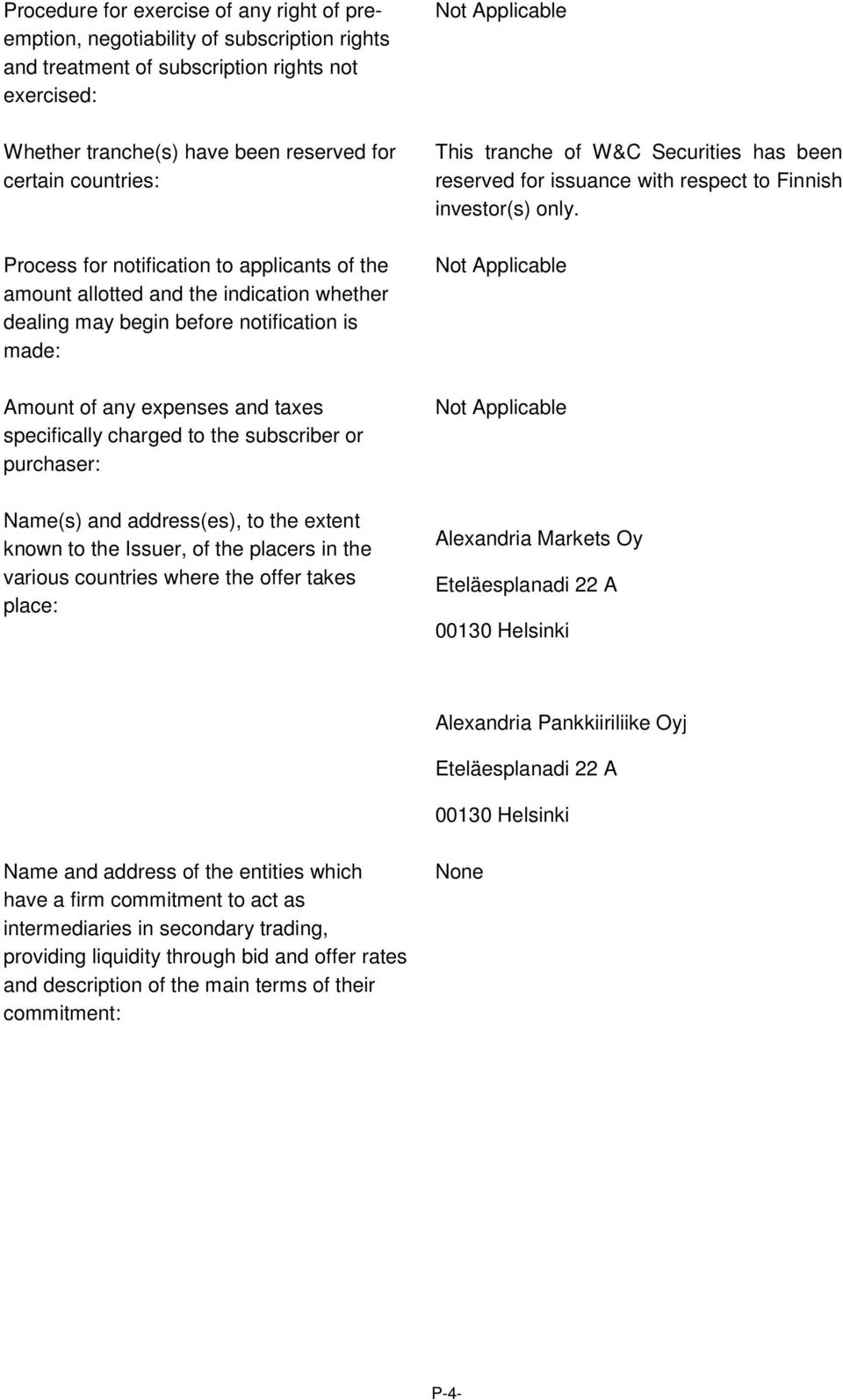 charged to the subscriber or purchaser: This tranche of W&C Securities has been reserved for issuance with respect to Finnish investor(s) only.
