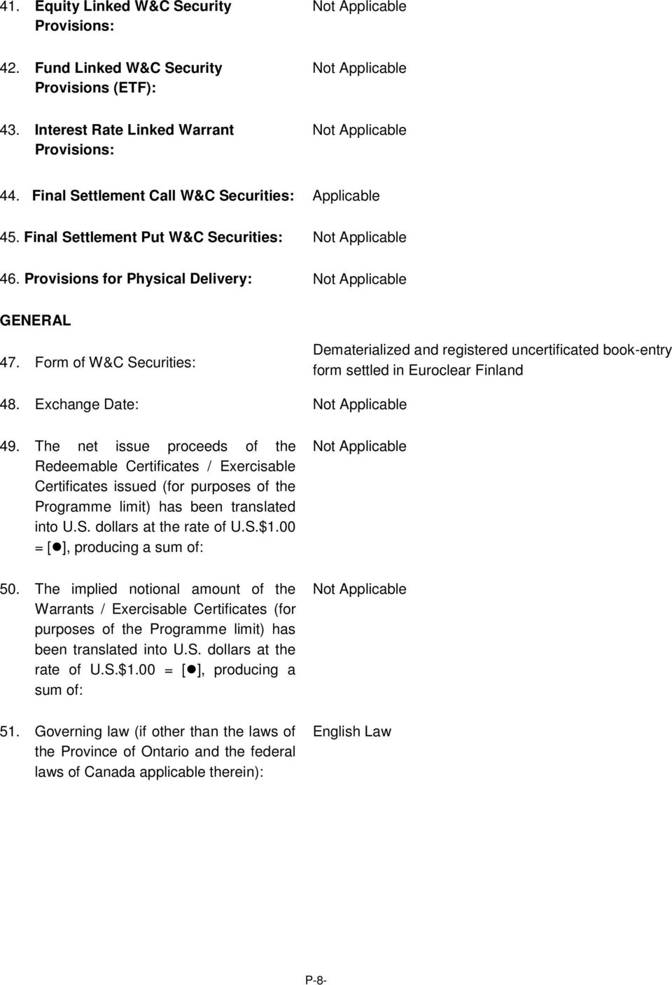 Form of W&C Securities: Dematerialized and registered uncertificated book-entry form settled in Euroclear Finland 48. Exchange Date: 49.