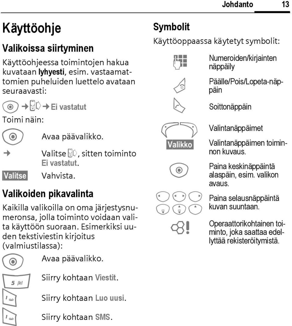 Valikoiden pikavalinta Kaikilla valikoilla on oma järjestysnumeronsa, jolla toiminto voidaan valita käyttöön suoraan. Esimerkiksi uuden tekstiviestin kirjoitus (valmiustilassa): Avaa päävalikko.