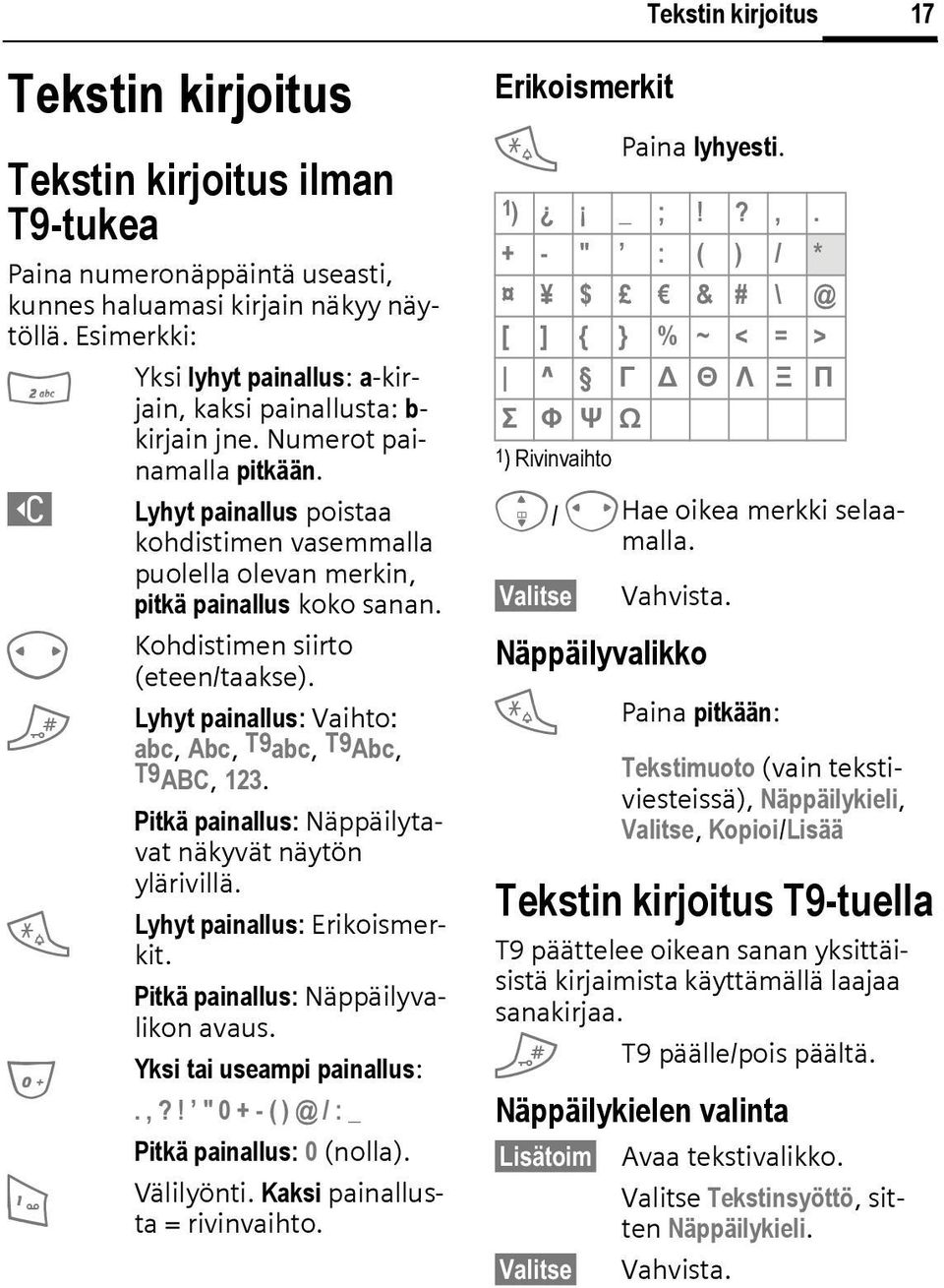 ] Lyhyt painallus poistaa kohdistimen vasemmalla puolella olevan merkin, pitkä painallus koko sanan. F # * 0 1 Kohdistimen siirto (eteen/taakse).