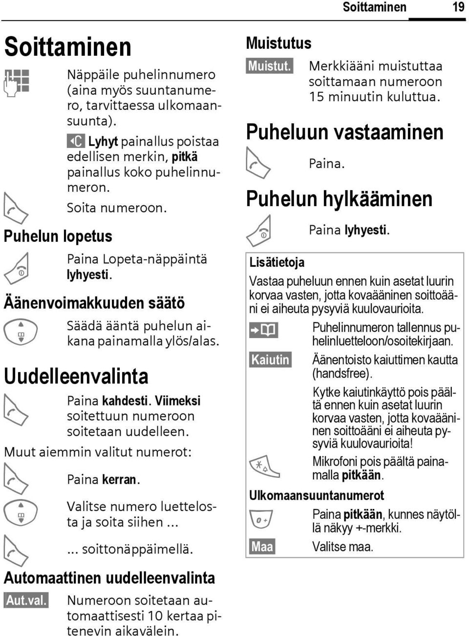 Viimeksi soitettuun numeroon soitetaan uudelleen. Muut aiemmin valitut numerot: A I A Paina kerran. Valitse numero luettelosta ja soita siihen...... soittonäppäimellä.