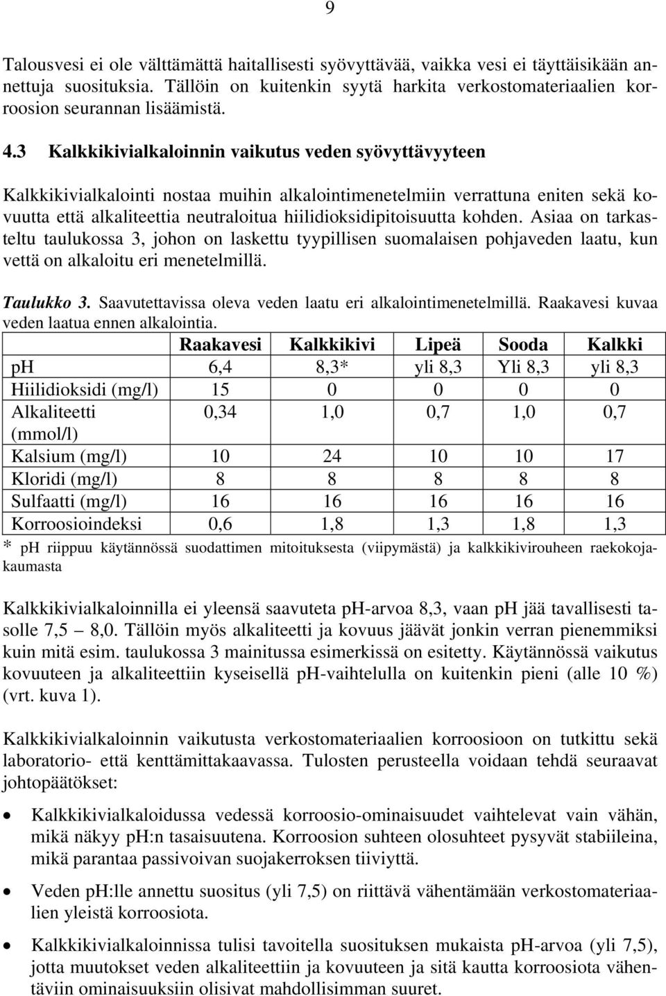 hiilidioksidipitoisuutta kohden. Asiaa on tarkasteltu taulukossa 3, johon on laskettu tyypillisen suomalaisen pohjaveden laatu, kun vettä on alkaloitu eri menetelmillä. Taulukko 3.