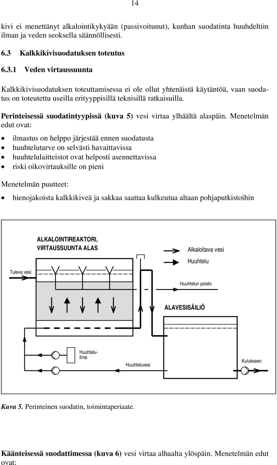 1 Veden virtaussuunta Kalkkikivisuodatuksen toteuttamisessa ei ole ollut yhtenäistä käytäntöä, vaan suodatus on toteutettu useilla erityyppisillä teknisillä ratkaisuilla.