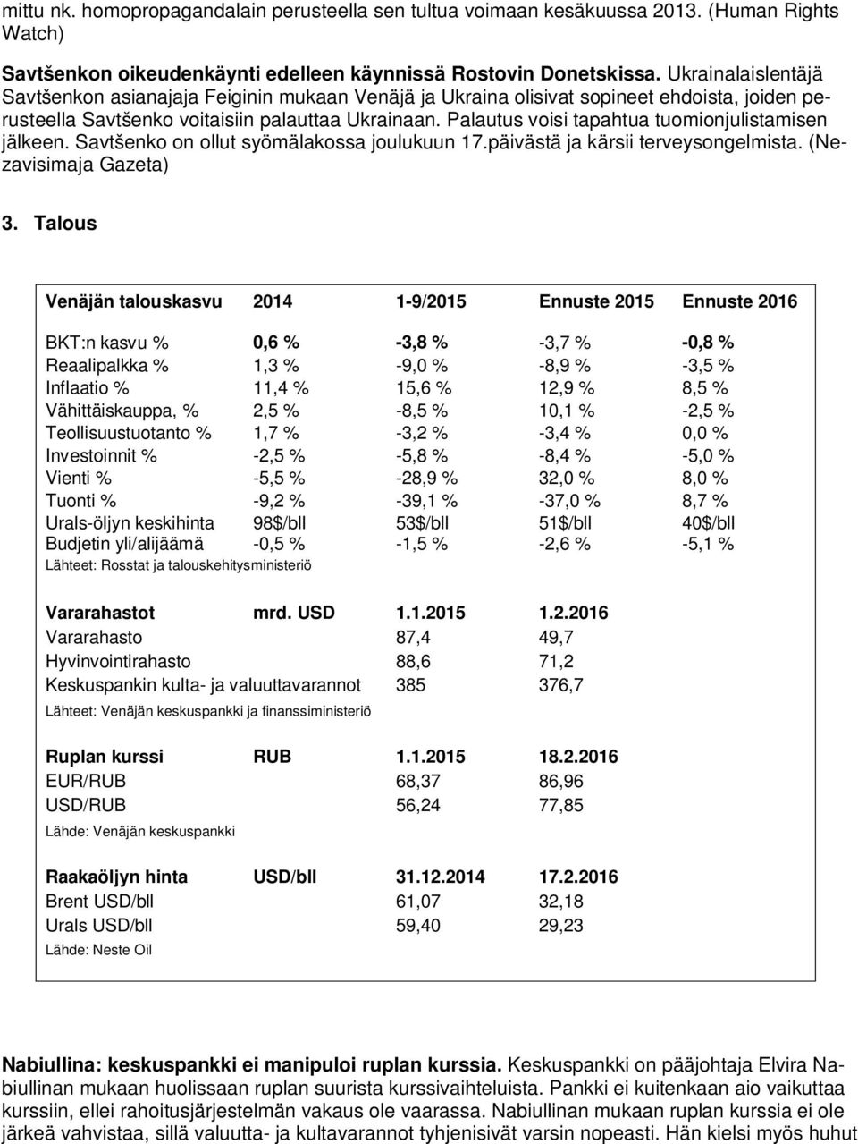 Palautus voisi tapahtua tuomionjulistamisen jälkeen. Savtšenko on ollut syömälakossa joulukuun 17.päivästä ja kärsii terveysongelmista. (Nezavisimaja Gazeta) 3.