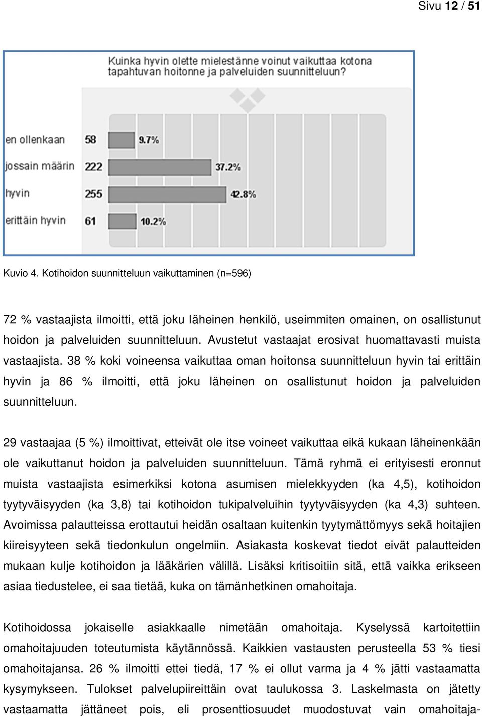 38 % koki voineensa vaikuttaa oman hoitonsa suunnitteluun hyvin tai erittäin hyvin ja 86 % ilmoitti, että joku läheinen on osallistunut hoidon ja palveluiden suunnitteluun.