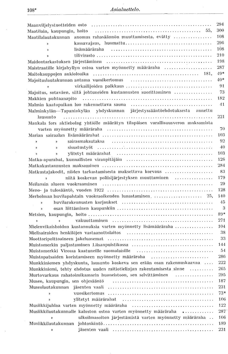 Maidontarkastuksen järjestäminen 198 Maistraatille kirjahyllyn ostoa varten myönnetty määräraha 287 Maitokauppojen aukioloaika 181, 49* Majoituslautakunnan antama vuosikertomus 40*» virkailijoiden