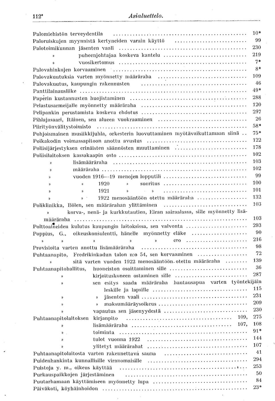 korvaaminen 8* Palovakuutuksia varten myönnetty määräraha 109 Palovakuutus, kaupungin rakennusten 46 Panttilainausliike 49* Paperin kustannusten huojistaminen 288 Pelastusarmeijalle myönnetty