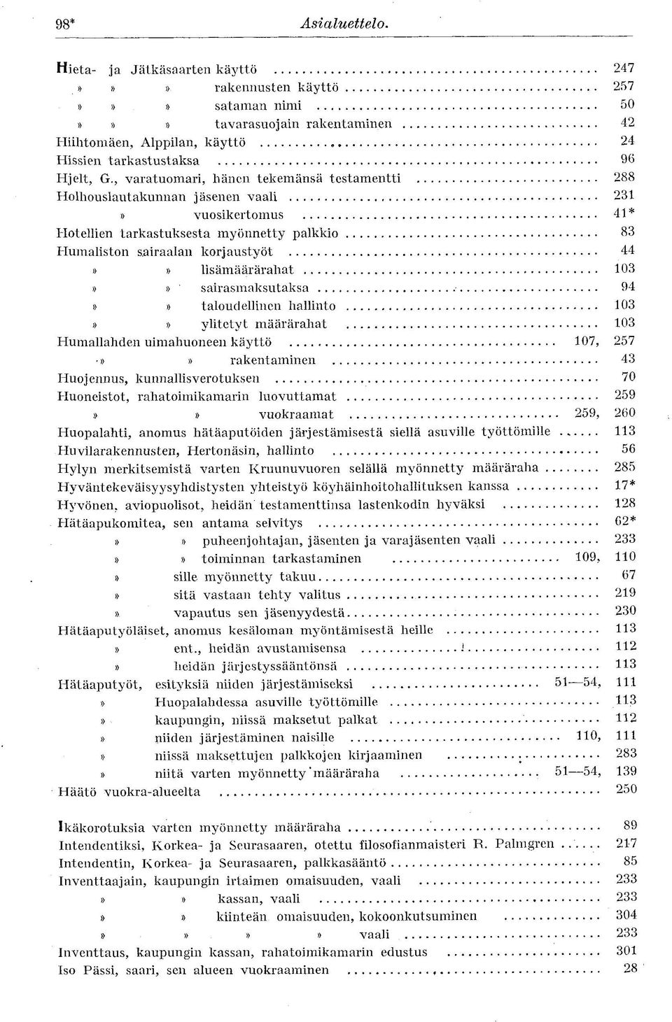 lisämäärärahat 103»» sairasmaksutaksa 94»» taloudellinen hallinto 103»» ylitetyt määrärahat 103 Humallahden uimahuoneen käyttö 107, 257»» rakentaminen 43 Huojennus, kunnallisverotuksen 70 Huoneistot,