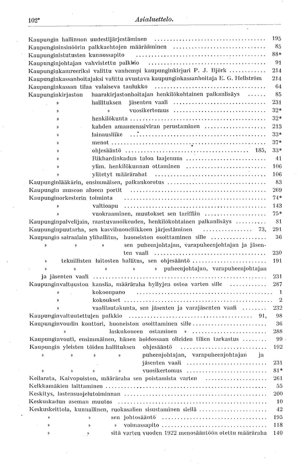 Hellström 214 Kaupunginkassan tilaa valaiseva taulukko 64 Kaupunginkirjaston haarakirjastonhoitajan henkilökohtainen palkanlisäys 85» hallituksen jäsenten vaali 231»» vuosikertomus 32*» henkilökunta