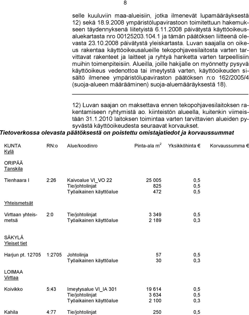 Luvan saajalla on oikeus rakentaa käyttöoikeusalueille tekopohjavesilaitosta varten tarvittavat rakenteet ja laitteet ja ryhtyä hanketta varten tarpeellisiin muihin toimenpiteisiin.