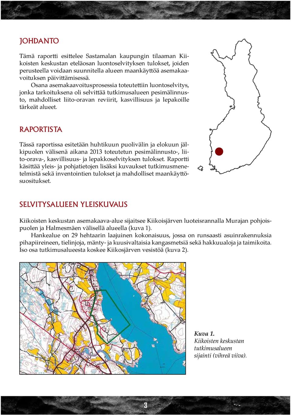 Osana asemakaavoitusprosessia toteutettiin luontoselvitys, jonka tarkoituksena oli selvittää tutkimusalueen pesimälinnusto, mahdolliset liito-oravan reviirit, kasvillisuus ja lepakoille tärkeät