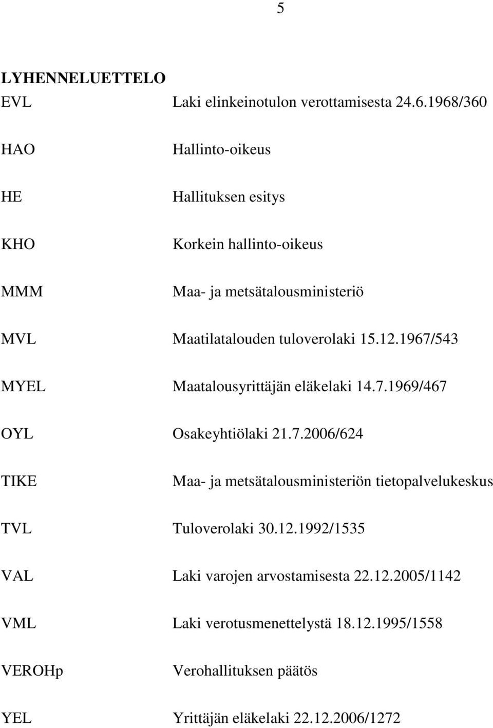 tuloverolaki 15.12.1967/543 MYEL Maatalousyrittäjän eläkelaki 14.7.1969/467 OYL Osakeyhtiölaki 21.7.2006/624 TIKE Maa- ja metsätalousministeriön tietopalvelukeskus TVL Tuloverolaki 30.