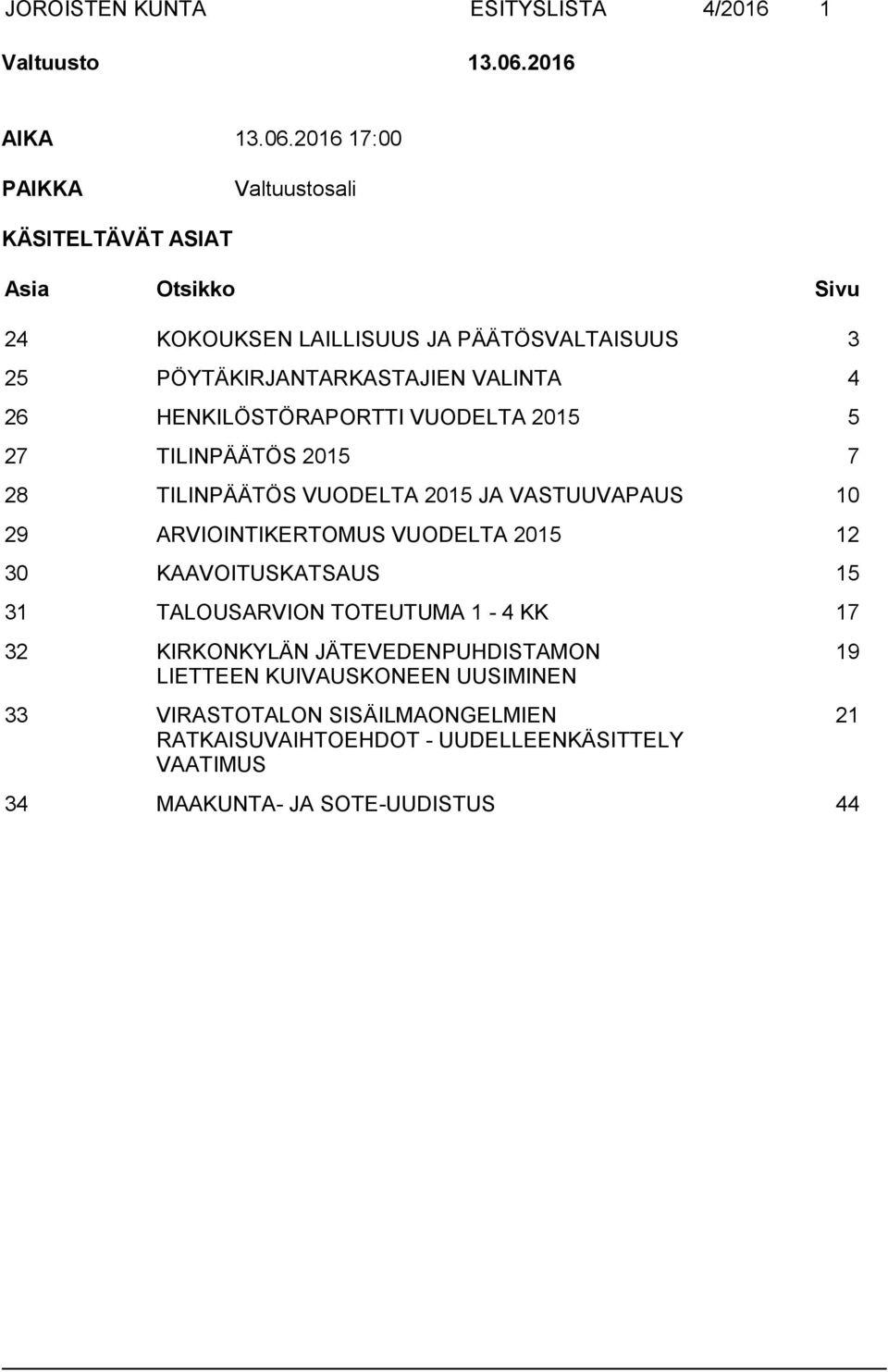 VALINTA 4 26 HENKILÖSTÖRAPORTTI VUODELTA 2015 5 27 TILINPÄÄTÖS 2015 7 28 TILINPÄÄTÖS VUODELTA 2015 JA VASTUUVAPAUS 10 29 ARVIOINTIKERTOMUS VUODELTA