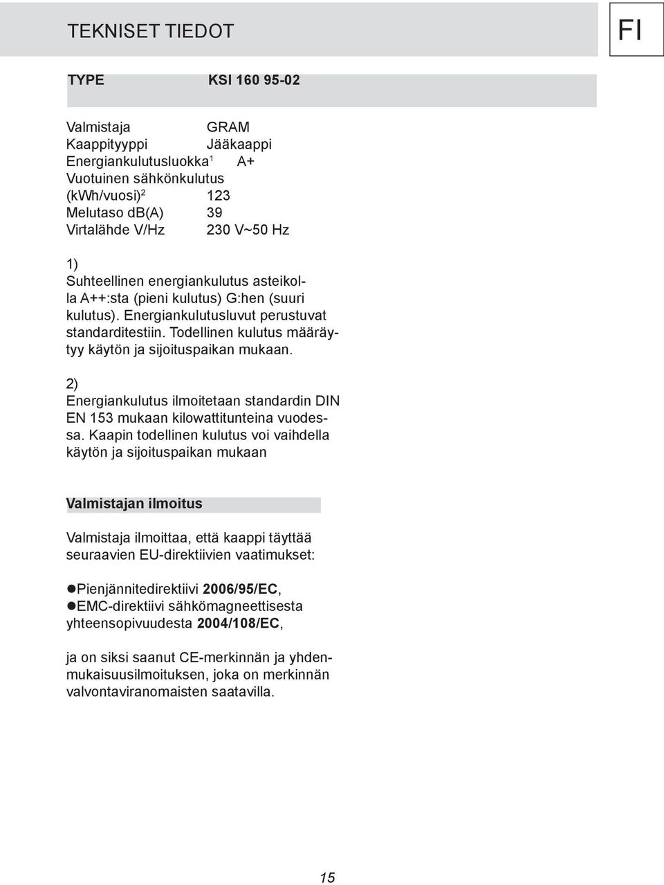 2) Energiankulutus ilmoitetaan standardin DIN EN 153 mukaan kilowattitunteina vuodessa.