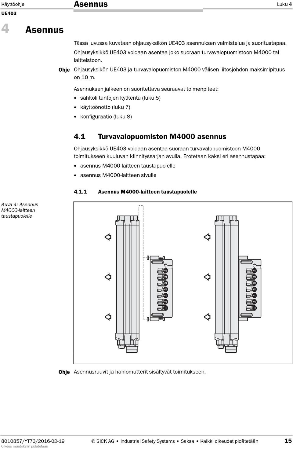 Asennuksen jälkeen on suoritettava seuraavat toimenpiteet: sähköliitäntöjen kytkentä (luku 5) käyttöönotto (luku 7) konfiguraatio (luku 8) 4.