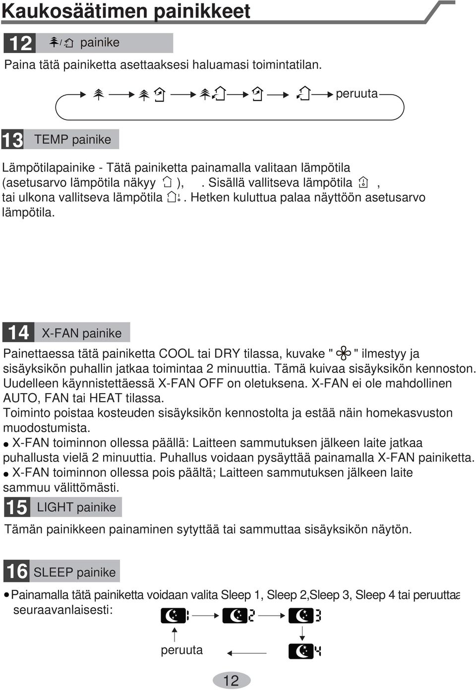 Hetken kuluttua palaa näyttöön asetusarvo lämpötila. 14 X-FAN painike Painettaessa tätä painiketta COOL tai DRY tilassa, kuvake " " ilmestyy ja sisäyksikön puhallin jatkaa toimintaa 2 minuuttia.