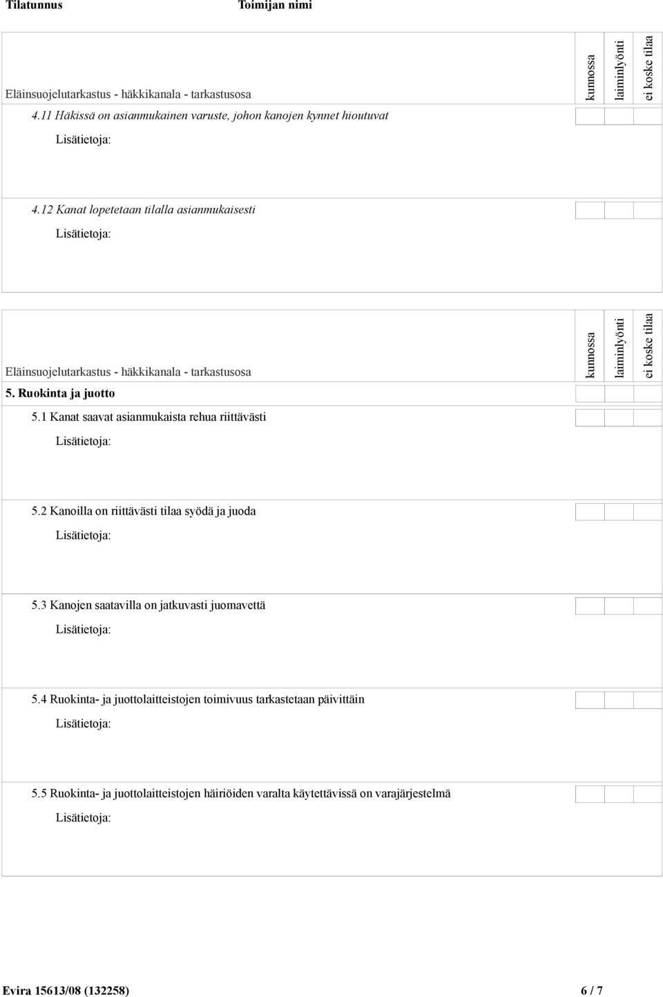 3 Kanojen saatavilla on jatkuvasti juomavettä 5.4 Ruokinta- ja juottolaitteistojen toimivuus tarkastetaan päivittäin 5.