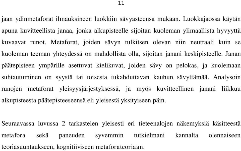 Janan päätepisteen ympärille asettuvat kielikuvat, joiden sävy on pelokas, ja kuolemaan suhtautuminen on syystä tai toisesta tukahduttavan kauhun sävyttämää.